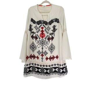 Clover + Scout Tunic Dress Womens Medium White Embroidered Bell Sleeve Boho Mini